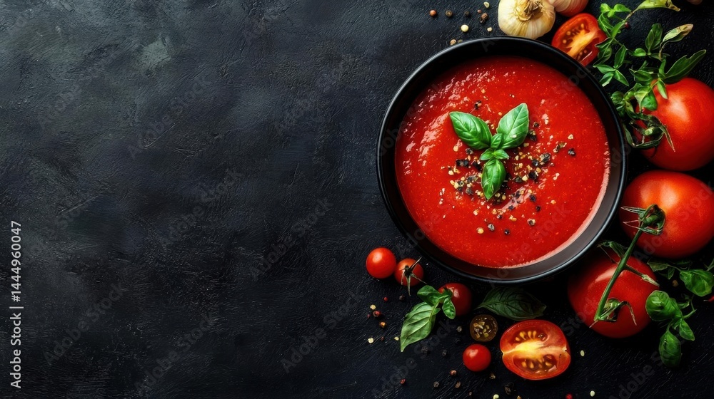 Poster flat lay of a bowl of tomato soup on a dark black background. the soup is red in color and has a smo