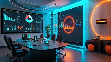 Futuristic conference room with advanced data visualization screens and modern design