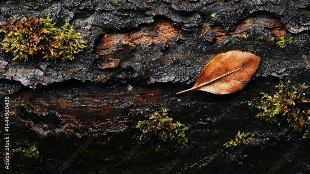 Poster close-up of a tree trunk with a single leaf resting on it. the bark of the tree is dark and weathere