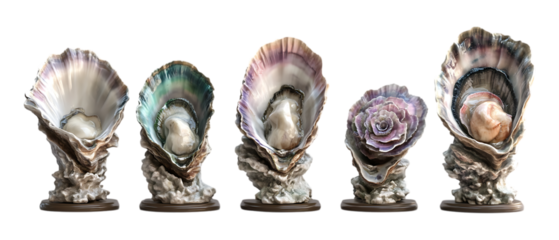 Five opened oyster shells displaying colorful iridescent pearls isolated on a transparent background for luxury advertising.