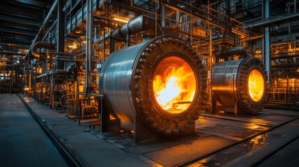 Bright flames erupt from multiple high-temperature furnaces inside an oil refinery reformer unit, illustrating essential processes in hydrocarbon transformation and energy production