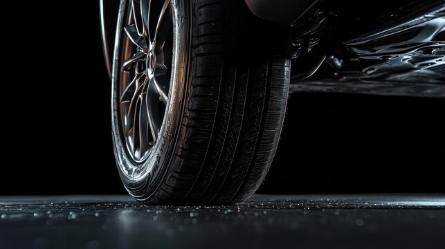 Close-up of a car wheel and tire. the wheel is black with silver spokes and appears to be new and in good condition. the tire is black and has a tread pattern.