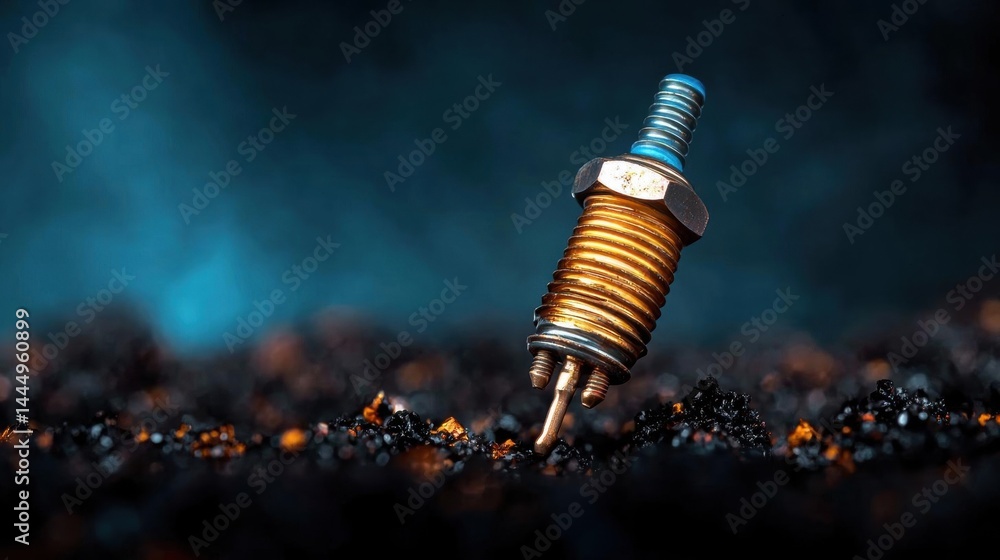 Poster close-up of a spark plug lying on a bed of black soil. the spark plug is in the center of the image,