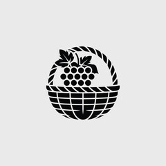 Black and White Graphic of Grapes in a Basket