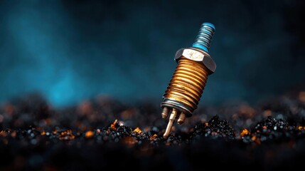 Close-up of a spark plug lying on a bed of black soil. the spark plug is in the center of the image, with its body facing towards the right side of the frame.