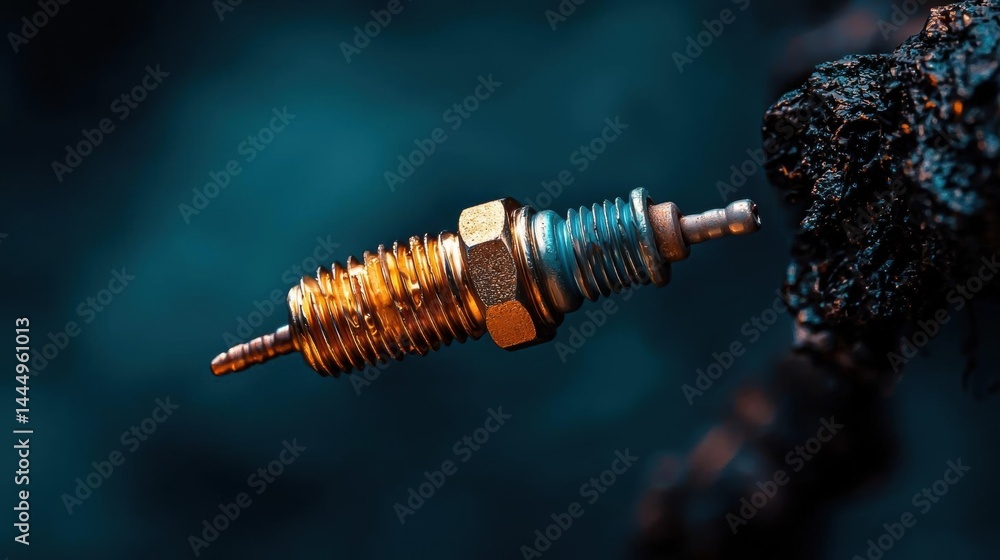 Poster close-up of a spark plug. the spark plug is made of metal and has a cylindrical shape with a pointed