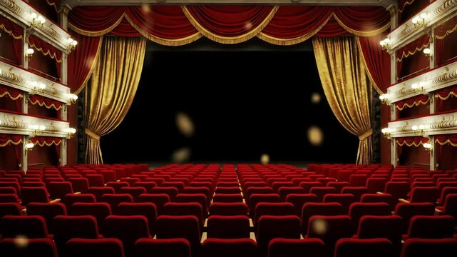 Grand theatre interior with rows of red velvet seats, ornate balconies, and golden stage curtain.