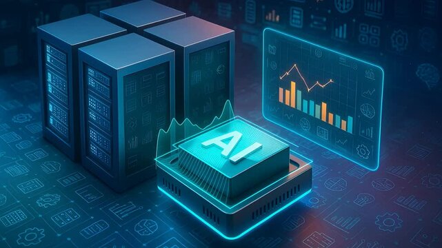 AI Processor Unit with Data Chart and Server Blocks Representing Machine Learning Power and Digital Infrastructure Analysis

