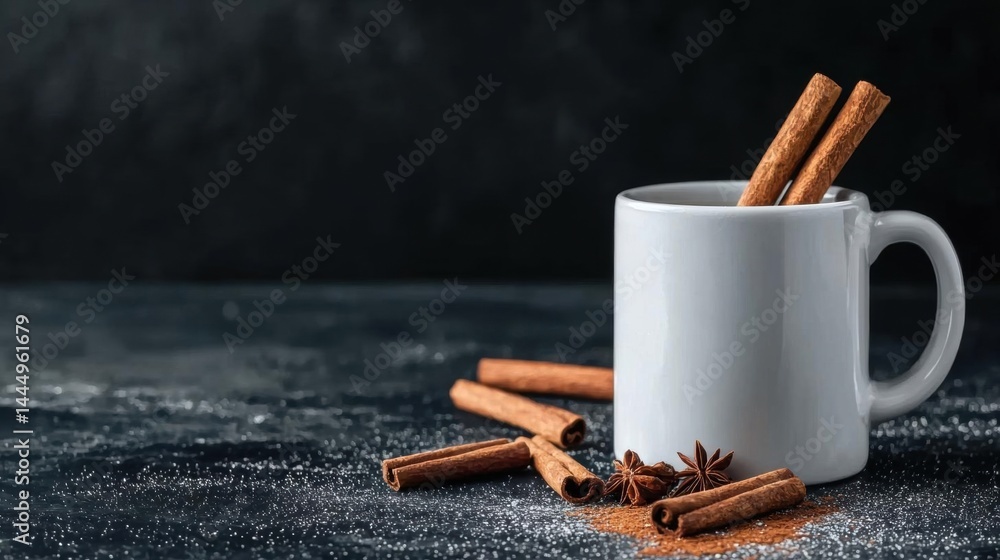 Poster close-up of a white mug with two cinnamon sticks sticking out of it. the mug is placed on a dark gre