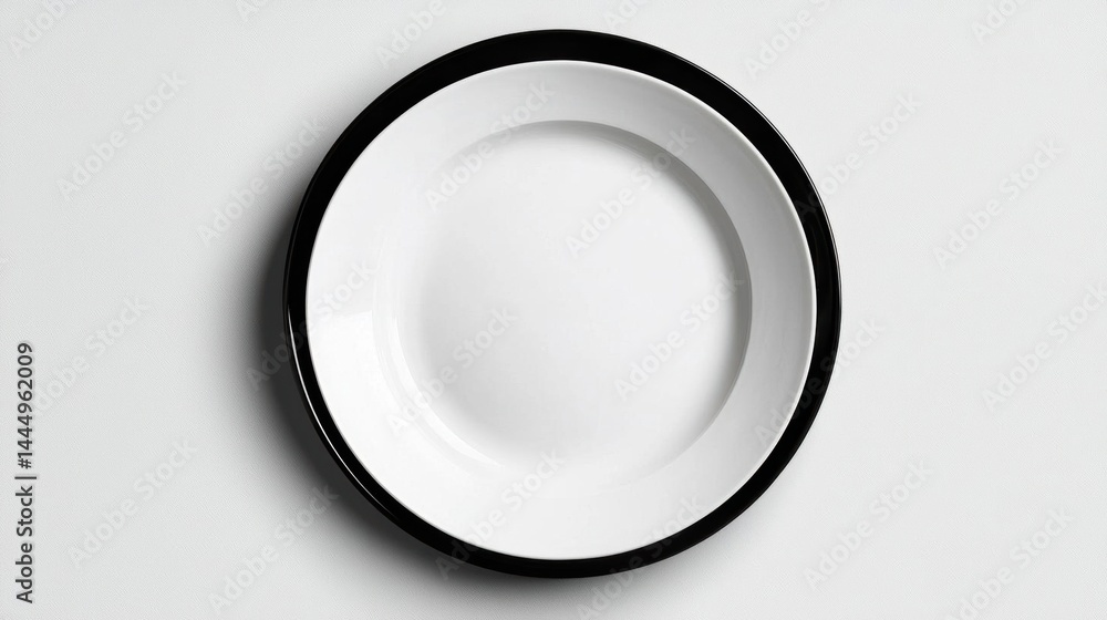 Poster close-up of a white plate with a black rim. the plate appears to be empty and is placed on a plain w
