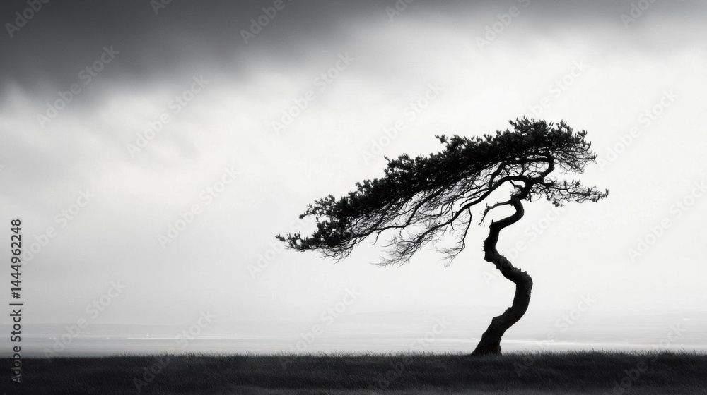 Poster black and white photograph of a single tree on a grassy hill. the tree is in the center of the image