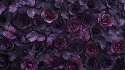 Elegant display of textured purple roses and leaves creating a floral tapestry