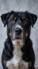 Close-up portrait of black and white dog with shaggy fur and warm eyes