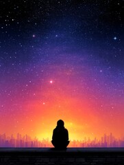 Serene Sunset Cityscape Silhouette - A person sits on a rooftop, gazing at a breathtaking sunset over a city skyline, under a starry night sky. The symbolizes peace, contemplation, hope, urban beauty
