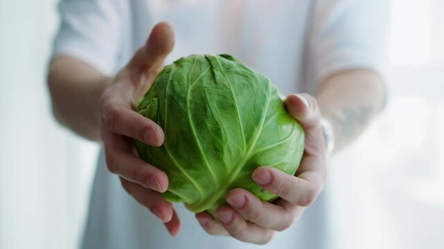 Ripe cabbage close-up on a white background in hands.
Man holds cabbage.
Cabbage leaves