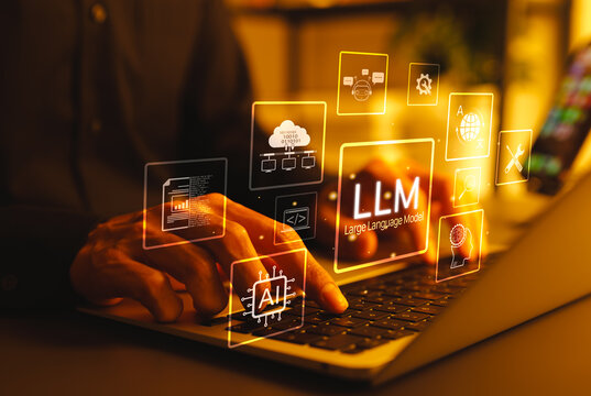 LLM Large Language Model and AI technology concept. Man working with LLM interface icons, artificial intelligence, deep learning, machine learning, natural language processing, Chat AI, Chatbot, - Powered by Adobe