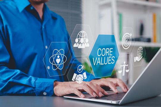 Core Values and Corporate Ethics Concept. Businessman using laptop with icons representing core values such as integrity, teamwork, ethics, company culture, principles guide, purpose, responsibility,
