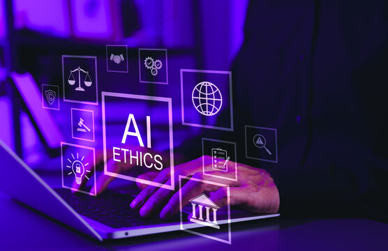 AI Ethics and Governance in Artificial Intelligence. A person working on laptop with icons representing ethics, law, and governance in AI, importance of responsible AI usage, ethical decision-making,
