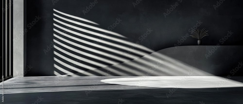 Poster black and white photograph of an empty room with a minimalist design. the room has a concrete floor 