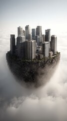 Fototapeta premium Floating city nestled amidst a cloud-filled sky, a surreal urban landscape.
