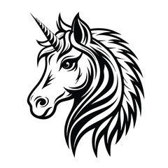Elegant Black and White Unicorn Head with Detailed Mane and Horn Design
