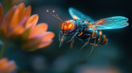 Fototapeta premium Dragonfly hovering near flower blossoms