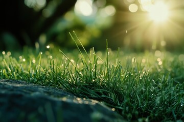 Naklejka premium Fresh Grass Blades With Dewdrops Under Sunrise Soft Light, Summer Nature Background