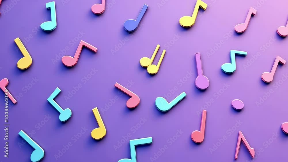 Aufkleber Colorful music notes are falling slowly on an orange background with a gradient, creating a cheerful and dynamic atmosphere, suitable for music related projects