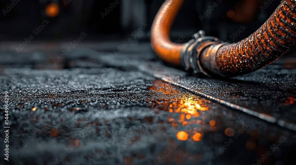Fototapete close-up of a rusty pipe lying on a black surface. the pipe appears to be made of metal and has a cu