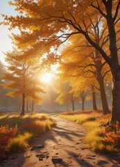 Golden hour light illuminating vibrant fall foliage, crisp air, holiday, celebration