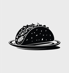 Delicious Single Taco on Plate Black and White Illustration