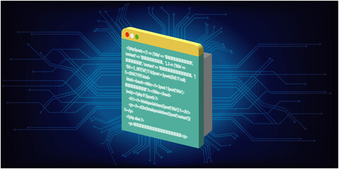サイバーチックバック背景に浮かぶプログラミングイメージ
