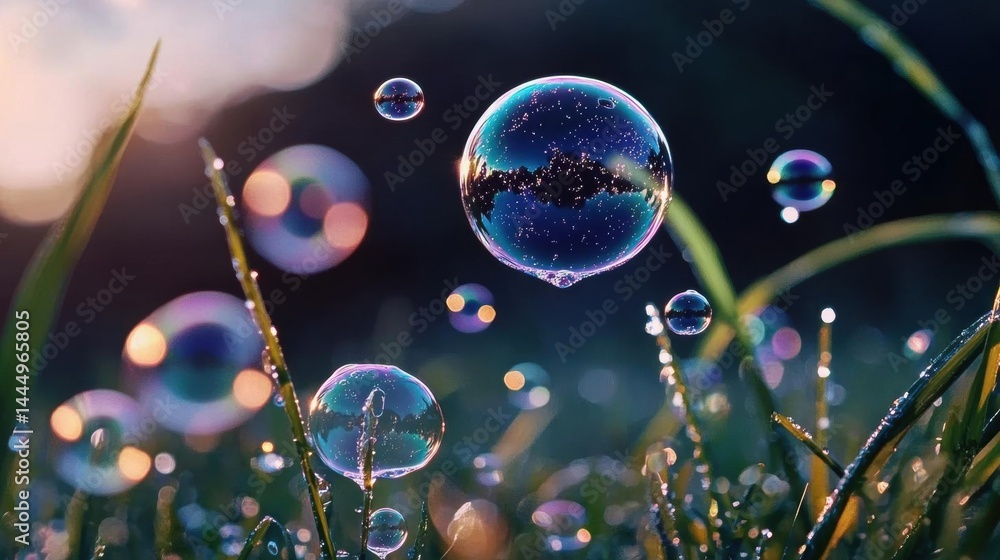 Poster close-up of a group of water droplets on a grassy surface. the droplets are of different sizes and s