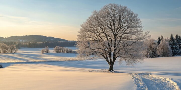 Snowy landscape with frosted trees at dawn.