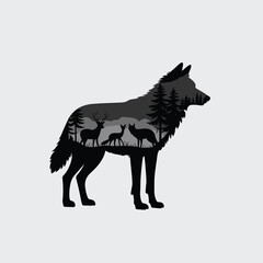 Wolf Silhouette with Forest and Wildlife Inside