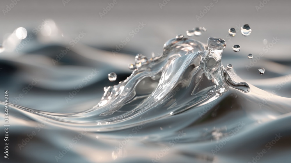 Aufkleber Gentle waves rise and fall, reflecting a muted palette of silvers and grays. Water droplets leap from the surface, creating a mesmerizing display of fluidity and grace in a serene atmosphere