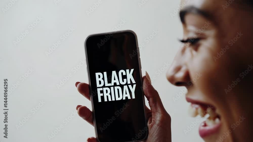 Poster black friday shopper gleefully showing smartphone screen featuring sale text, expressing enthusiasm 