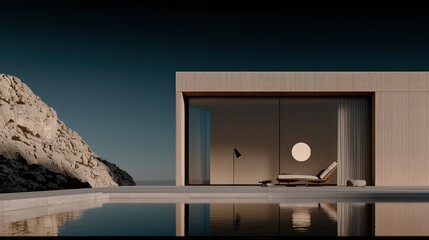 A modern luxury architectural design featuring a pool and lounge