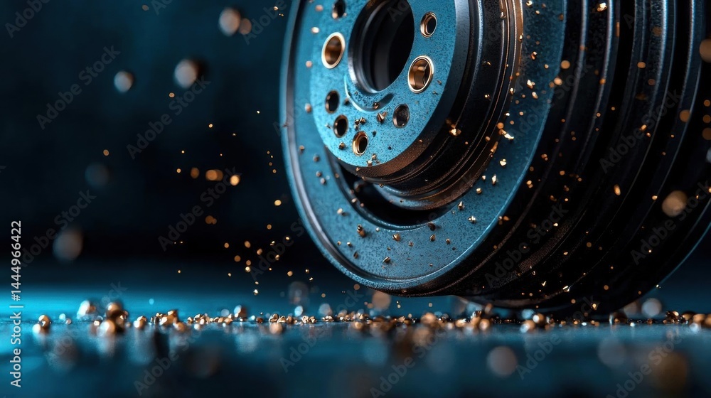 Poster close-up of a car brake disc. the disc is black in color and has multiple holes in the center. the h