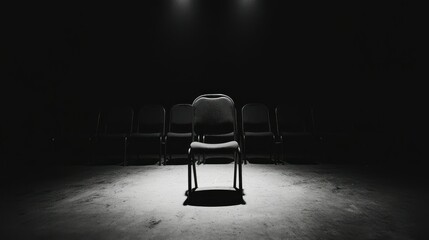 Several chairs sit in darkness under a spotlight on a stage