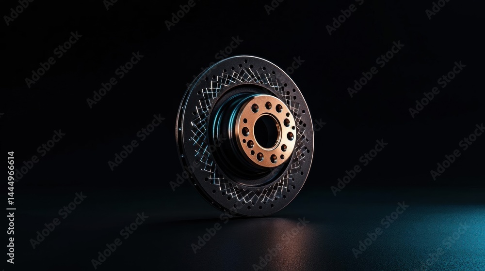 Poster close-up of a car brake disc. the disc is black in color and has a circular shape with multiple hole