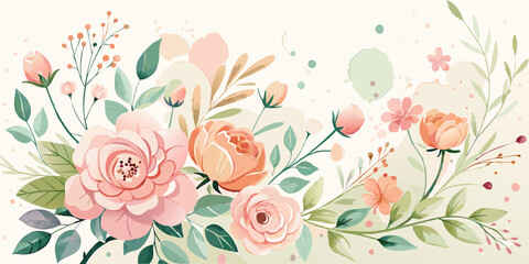 Floral watercolor background with blooming flowers and soft leaves for wedding invitations and elegant event designs