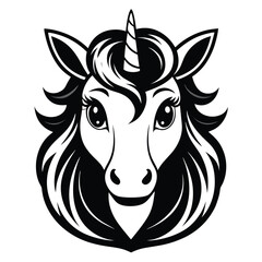 Unicorn Head Black and White Tribal Tattoo Style on White Background