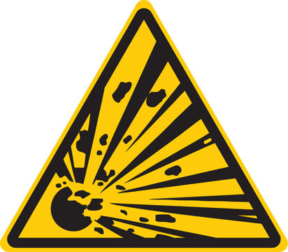 triangular warning sign with explosion graphic indicating hazard from explosive materials