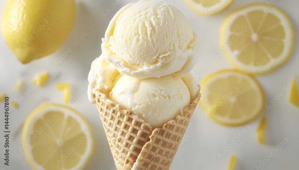 Poster refreshing lemon ice cream scoops in waffle cone on white background with fresh lemon slices