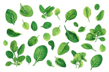Fototapeta premium Watercolor Pattern of Fresh Green Spinach Leaves, Isolated on White Background, Food Art