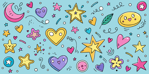 Naklejka premium Playful doodle background filled with cute hand-drawn stars, hearts, and swirls for kids design