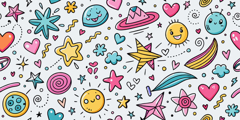 Naklejka premium Playful doodle background filled with cute hand-drawn stars, hearts, and swirls for kids design