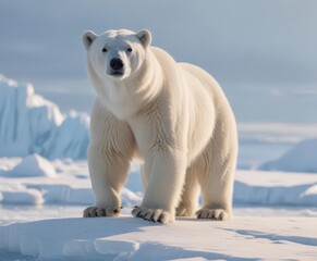 Albino polar bear stands on arctic ice floe, sunlit fur ,  wildlife,  global warming