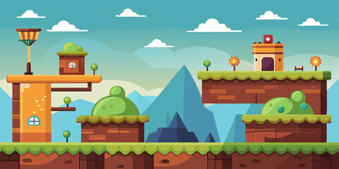 Flat side-scrolling platformer game background with simple hills, obstacles, and floating platforms for 2D arcade or adventure gameplay design.

